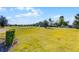 Expansive green backyard with sprinklers and palm trees under a bright sky at 3492 La Jolla Dr, Clermont, FL 34711