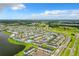 The colorful homes cluster around a scenic lake in this vibrant neighborhood with a view from above on a sunny day at 3083 Pirate Way, Kissimmee, FL 34747