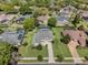 An aerial view of a single-Gathering home featuring a screened pool and lush green lawn in a residential neighborhood at 504 Sonata Ct, Winter Springs, FL 32708