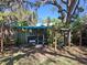 Backyard workout area with weightlifting equipment and punching bag under a shaded canopy at 511 Terrier Way, New Smyrna Beach, FL 32168