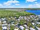 An aerial view of a cozy neighborhood surrounded by lush green trees and a lake, set against a backdrop of a bright blue sky at 105 Canal Vw, Eustis, FL 32726