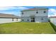 A spacious backyard featuring lush green grass, a white fence, and a sliding glass door leading into the home at 1506 Finnigan Cir, Haines City, FL 33844