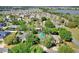 Aerial view of a house with a fenced in pool amongst mature trees and greenery in a neighborhood setting at 9649 Water Fern Cir, Clermont, FL 34711