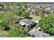 Aerial view of a house with a screened-in patio and surrounded by lush greenery in a neighborhood at 9649 Water Fern Cir, Clermont, FL 34711