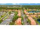 Aerial view showcasing a vibrant neighborhood with colorful townhomes, lush greenery, and a serene lake, offering a picturesque setting at 141 Pompano Beach Dr, Kissimmee, FL 34746