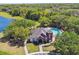 Aerial view of the community clubhouse and pool in a lushly landscaped setting by a lake at 2480 Northumbria Dr, Sanford, FL 32771