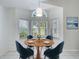 Bright dining area featuring a round table, blue chairs, and sunlit windows with views of the outdoors at 3960 Villas Green Cir, Longwood, FL 32779