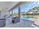 View of a covered patio area with lounge seating, a dining table, and access to the pool and spa at 501 Burma St, Kissimmee, FL 34747