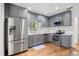 Modern kitchen featuring stainless steel appliances, gray cabinetry, and hardwood floors at 7841 Georgeann St, Winter Park, FL 32792