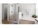 Bright bathroom featuring a glass-enclosed shower, a soaking tub, and a neutral color palette at 218 Castlemain Cir, Davenport, FL 33897