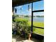 Screened-in patio with views of the lake, green lawn, and various potted plants at 2285 Seven Oaks Dr, St Cloud, FL 34772