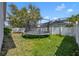 Grassy backyard featuring a large trampoline, white fencing, and views of the neighboring pool enclosures at 14209 Lake Live Oak Dr, Orlando, FL 32828