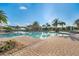 Community pool with lounge chairs and sun shades surrounded by lush palm trees under a clear blue sky at 228 Bayou Bend Rd, Groveland, FL 34736