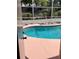 Backyard swimming pool area with a pink deck seen through an open door at 6037 Hickory Grove Ln, Port Orange, FL 32128