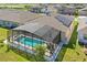 Aerial view of the property's backyard showcasing the screened-in pool, lawn, and solar panels at 588 Hitch Loop, St Cloud, FL 34772