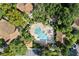 An aerial view of the pool and surrounding courtyard, lush landscaping and tiled roofs at 6847 Sperone St, Orlando, FL 32819