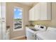 Bright laundry room with granite counters, storage cabinets, and large window for natural light and views at 5824 N Dean Rd, Orlando, FL 32817