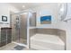 Bathroom features a soaking tub, a walk-in shower, and neutral tile, creating a spa-like experience at 7838 Penrose Pl, Wildwood, FL 34785