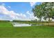 This scenic view shows a community pond with a new grass shoreline and fenced area at 2775 Bookmark Dr, Kissimmee, FL 34746