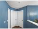 Hallway with blue walls, white trim and doors, and wood-look plank flooring at 110 Wekiva Pointe Cir, Apopka, FL 32712