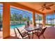 Covered patio with dining set overlooking the screened-in pool area, perfect for outdoor relaxation and dining at 2629 Maggiore Cir, Kissimmee, FL 34746
