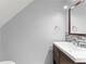 Powder bath features a modern vanity with a decorative backsplash and updated fixtures at 435 Tradition Ln, Winter Springs, FL 32708