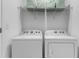 Bright laundry room with white washer and dryer, storage shelf, and modern design elements at 808 Grandin St, Davenport, FL 33837