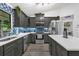 Modern kitchen featuring gray cabinets, stainless steel appliances, and a blue tile backsplash at 10400 Hunters Trail Ct, Orlando, FL 32817
