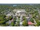 Aerial view of a neighborhood showcasing mature trees, residential homes, and a nearby lake at 1807 Yorkshire Dr, Winter Park, FL 32792