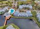 Aerial image of waterways, condos, a lakeside social center and a community pool with mature landscaping at 2568 Woodgate Blvd # 204, Orlando, FL 32822