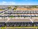 An aerial shot of townhouses, highlighting screened-in lanais, solar panels, and landscaped yards in a well-maintained community at 4210 Lana Ave, Davenport, FL 33897