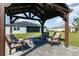 Enjoy outdoor relaxation under a beautiful wooden pergola with comfortable seating and a view of the lush backyard at 4672 Marina Row Dr, Orlando, FL 32820