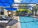 Backyard features screened-in pool, lounge chairs, blue umbrellas and an outdoor kitchen with BBQ at 7945 Pleasant Pine Cir, Winter Park, FL 32792