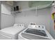 Bright laundry room with washer, dryer, and storage shelf for convenience at 8963 Majesty Palm Rd, Kissimmee, FL 34747