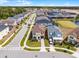 Aerial view of the homes in the neighborhood, showing streetscape, landscaping and pond at 1799 Tropical Palms Cir, Kissimmee, FL 34747