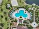 Aerial image of a tropical pool with cabanas, lounge seating, and lush landscaping at Solara Resort at 1799 Tropical Palms Cir, Kissimmee, FL 34747