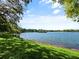 Beautiful lakefront view with vibrant green grass meeting the shoreline, framed by mature trees under a blue sky at 1000 Elmwood St, Orlando, FL 32801