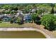 Aerial perspective captures houses near a lake, each featuring a private screened pool at 12613 Maribou Cir, Orlando, FL 32828