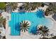 Overhead view of community pool featuring multiple sections, palm trees, lounge chairs, and swimmers at 17668 Passionflower Cir, Clermont, FL 34714
