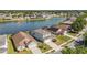 Aerial view of lakeside homes showcasing backyard pools and serene water views on a sunny day at 2723 Callaway Ln, Kissimmee, FL 34744