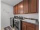 Functional laundry area with modern washer/dryer, upper cabinets, and a utility sink at 3087 Somerset Park Dr, Orlando, FL 32824