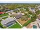 Aerial view displays the home with pool, lawn, trees, and the neighborhood at 822 Oakview Dr, New Smyrna Beach, FL 32169