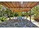 Outdoor dining area with wood pergola, stone flooring, table, and chairs offers a relaxing atmosphere at 245 Country Circle E Dr, Port Orange, FL 32128
