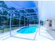 Screened in pool area features clear blue water and views of the back yard at 3394 Hawkin Dr, Kissimmee, FL 34746