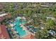Aerial view of a community pool with palm trees, blue umbrellas, and multiple swimming areas in a neighborhood at 1158 Oak Bluff Dr, Davenport, FL 33837