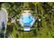 Bird's eye view of a pristine community pool, showcasing its unique design and surrounded by beautiful green spaces and palm trees at 3893 Wind Dancer Cir, St Cloud, FL 34772