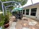 Screened-in patio featuring neutral stone flooring, a seating area, and view of the backyard at 4638 River Ridge Dr, Leesburg, FL 34748
