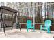 Inviting covered patio with a comfortable swing and two bright blue Adirondack chairs at 6008 Golden Dewdrop Trl, Windermere, FL 34786