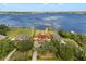 Aerial view of a Mediterranean-style house with well-manicured lawn, mature trees and waterfront views at 225 Magnolia St, Windermere, FL 34786