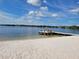 Community lakeside beach featuring a pier, sandy beach, and a calm blue lake at 400 Royal Palm Ct, Longwood, FL 32779
